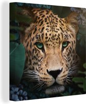 Peintures sur toile Un léopard aux yeux verts parmi les fleurs et les plantes de la jungle - 20x20 cm - Décoration murale