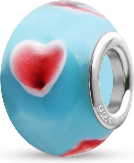 Quiges - 925 - Sterling - zilver - Glazen - Kraal - Bedels - Beads - Baby Blauw met Roze Hartjes - Past op alle bekende merken - Armband GZ200