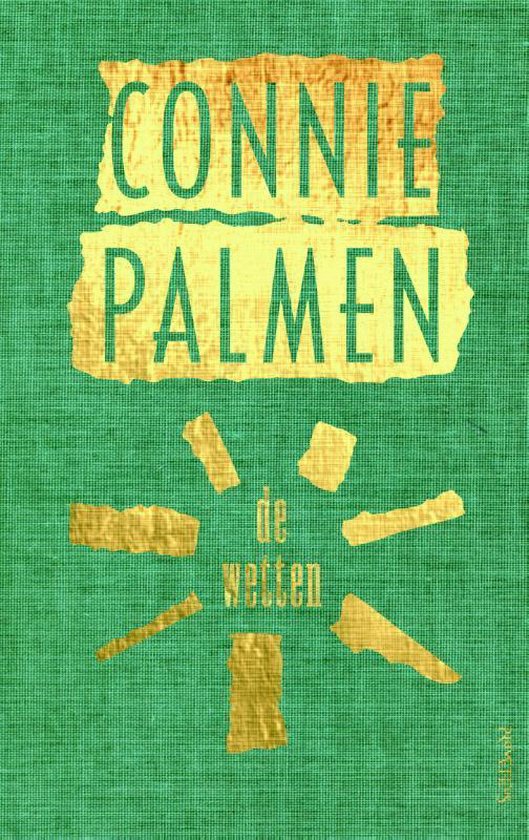 Boek "De wetten" van Connie Palmen met gouden letters op een groene, geweven achtergrond.