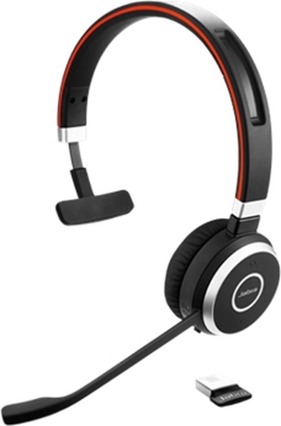 Zwarte Jabra headset met rode strepen, microfoonarm, zilverkleurige details en USB dongle.