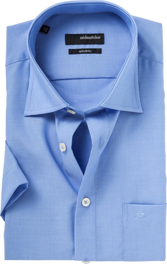 Seidensticker regular fit overhemd - korte mouw - middenblauw fil a fil - Strijkvrij - Boordmaat: 40