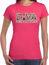 Diva lipstick fun tekst t-shirt voor dames roze met panter print S