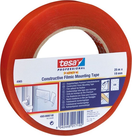 Tesa Constructive Filmic Mounting Tape 19mm x 25m rol met rode beschermfolie