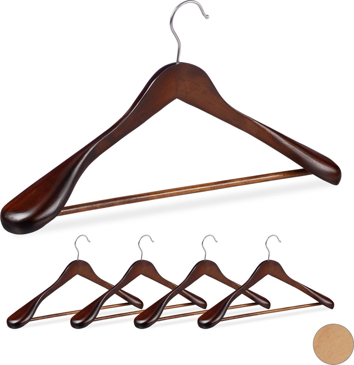 Relaxdays kledinghangers set - 5 stuks - voor pakken - brede schouder - kleerhangers hout - bruin - Relaxdays