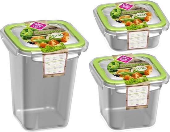 3x Voorraad/vershoudbakjes 0,25L, 0,5L en 0,75L transparant/groen plastic/kunststof - Kiev - Luchtdicht/hermetisch afgesloten vershouddoos bakje - Mealprep - Maaltijden bewaren