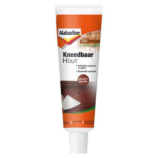 Alabastine Kneedbaar Hout tube, kleur Meranti Mahonie. Vult scheuren en gaten. Max. diepte 2 cm.