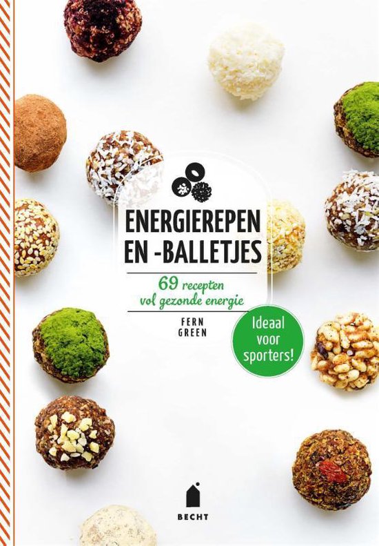 Boekomslag met diverse energierepen en -balletjes, bedekt met kokos, cacaopoeder, noten en groene thee. De titel "ENERGIEREPEN EN -BALLETJES" is prominent aanwezig.