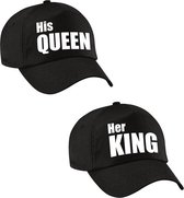 Her King en His Queen petten / caps zwart met witte letters voor volwassenen - Koningsdag - bruiloft - cadeaupetten / feestpetten voor koppels