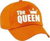 The Queen pet / cap oranje met witte letters en kroon voor dames - Koningsdag - verkleedpet / feestpet