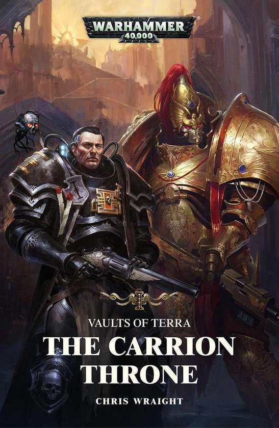 Twee mannen in imposante Warhammer 40,000 outfits, één in donker pantser met een geweer, de ander in goudkleurig pantser met een helm.
