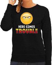 Funny emoticon sweater Here comes trouble zwart dames XS