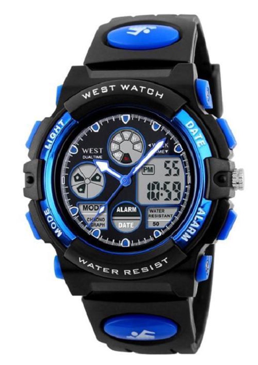 West Watches multifunctioneel kinder tiener sport horloge model Rock - Chronograaf - Shockproof - Digitaal-Analoog - Blauw