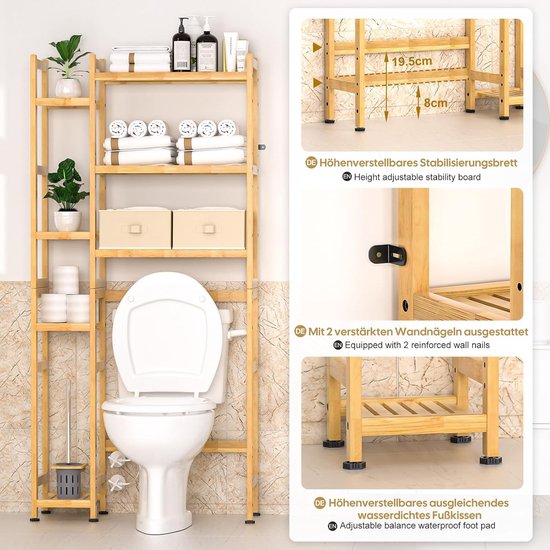 SHOP YOLO-badkamerrek Staand-het Toilet Opbergkast-2-deurs Bamboe Kast Organizer Vrijstaand Met Verstelbare Binnenplank En Open Plank Wit