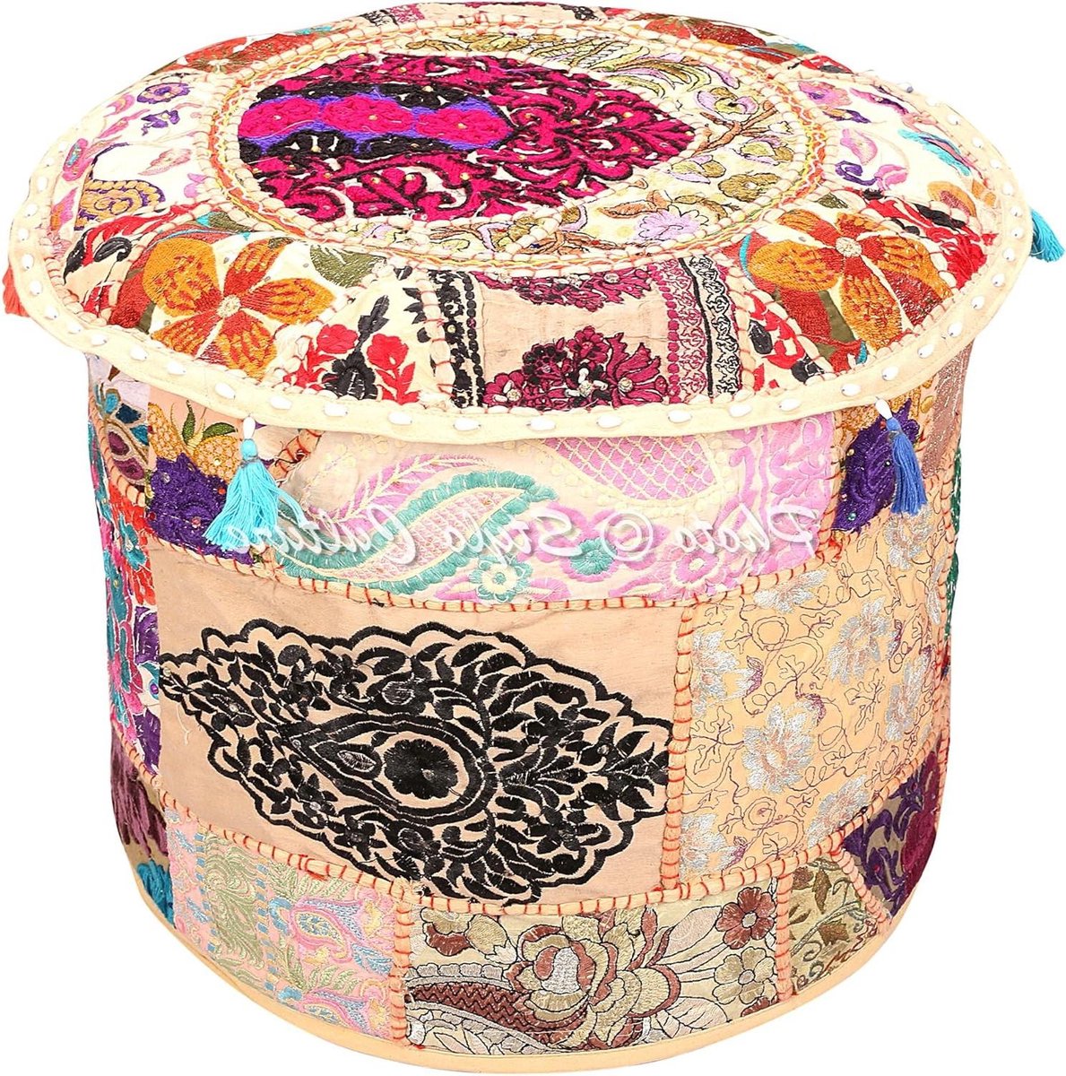 Vintage Beige Etnische Geborduurde Patchwork Katoen Ronde Ottomaanse Poef Voetenbank Cover - Traditioneel 18x18x13 Inch 45cm