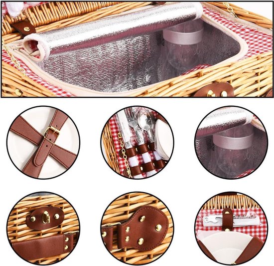 EIRONA Willow Hamper Picknickmand voor 4 personen met geïsoleerd koelvak en waterdichte deken, bestekset, rieten picknickmanden, picknickmandensets