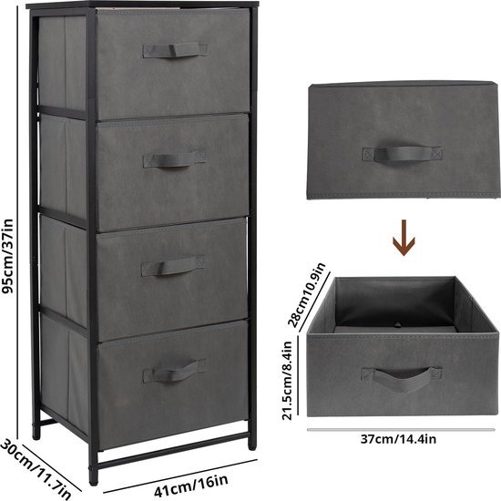 Ladekast met 4 stoffen lades, modern design, polyester, zwart (58x29x103 cm