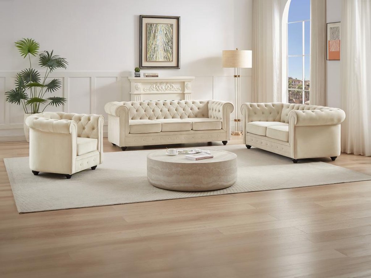 Vente-unique Drie- en tweezitsbank en fauteuil van beige velours CHESTERFIELD