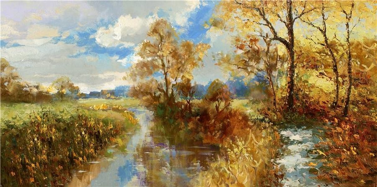 karo-art Schilderij - Handgeschilderd - Bos Beekje 3, 150x60cm Multikleur