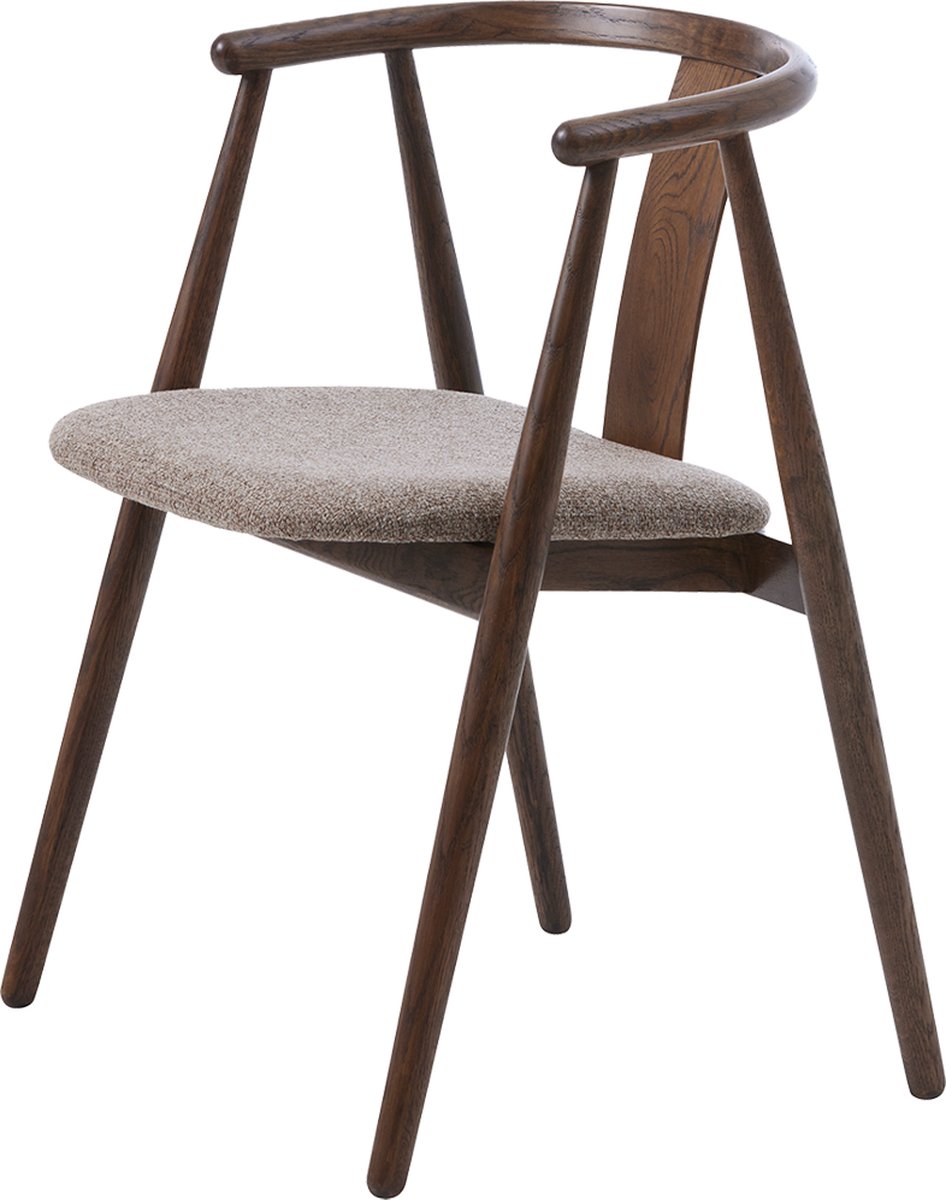 Olivine Kenza Eetkamerstoel Donkerbruin - Hout - Eikenhout - met Warm Grijs Zitting van Stof - Eettafelstoel - Armleuning