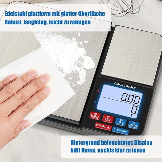 himaly Digitale keukenweegschaal, 10 kg, digitale weegschaal met tarra- functie, sensor-touch, groot led-display, auto-off, elektronische weegschaal voor levensmiddelen, bakken, koken