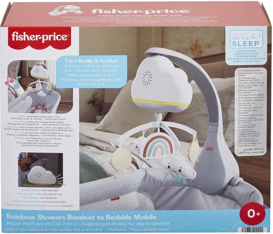 Doos van Fisher-Price met 'Rainbow Showers Bassinet to Bedside Mobile' en afbeelding van de mobiel bij een babybedje.