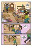 Drie panels van een stripboek: een jongen komt thuis in een huis vol verhuisdozen, hij praat met een meisje en gaat dan naar boven.