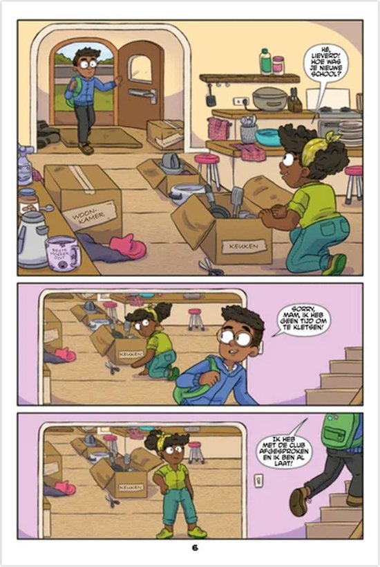 Drie panels van een stripboek: een jongen komt thuis in een huis vol verhuisdozen, hij praat met een meisje en gaat dan naar boven.