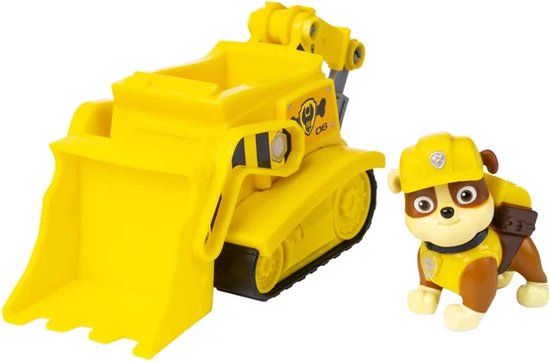 Gele Paw Patrol bulldozer en Rubble-figuur.