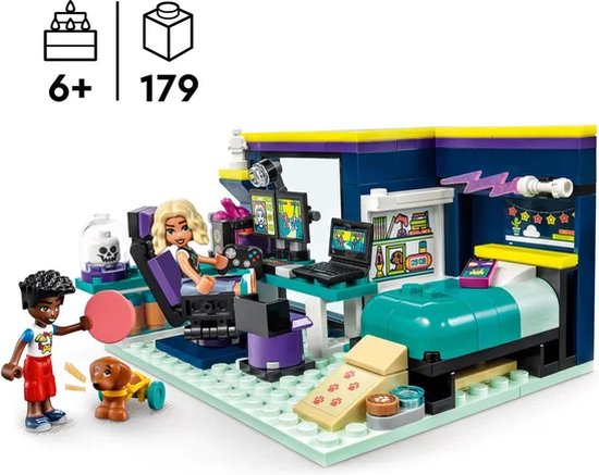 Een LEGO Friends speelset met twee minipoppetjes, een hondje, een bed, computer en gamestoel. Leeftijd 6+, 179 onderdelen.