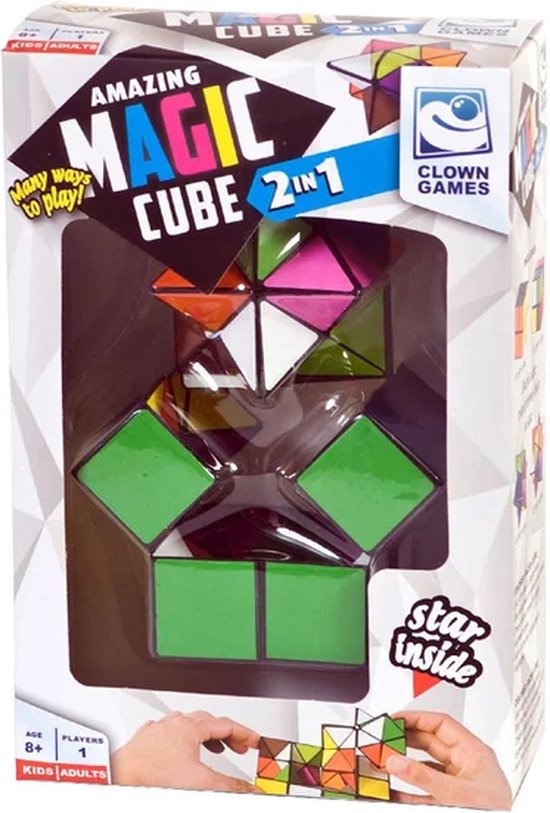 Verpakking van de Clown Magic Cube 2-in-1 met afbeeldingen van de kubus in verschillende vormen en een handleiding.