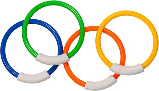 Vier gekleurde duikringen: blauw, groen, oranje en geel, met witte handgrepen, in een Olympische ringen-opstelling.