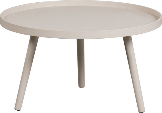 Ronde salontafel met verhoogde rand en drie schuine poten, in de kleur antique beige.