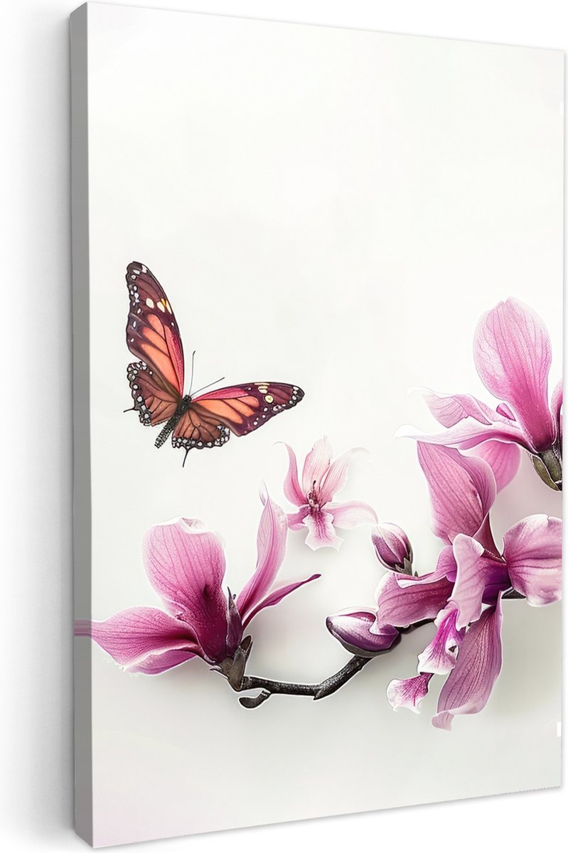 Canvas schilderij 40x60 cm - Wanddecoratie badkamer Bloesem - Vlinder - Roze - Natuur - Wi
