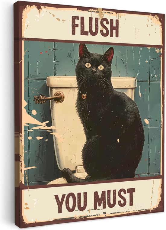 Tableau toile 30x40 cm - Décoration murale salle de bain Chat - Vintage - Zwart - Citation - Chasse d'eau indispensable - Décoration murale WC - Accessoires décoratifs - Décoration murale Toilettes - Peintures sur toile