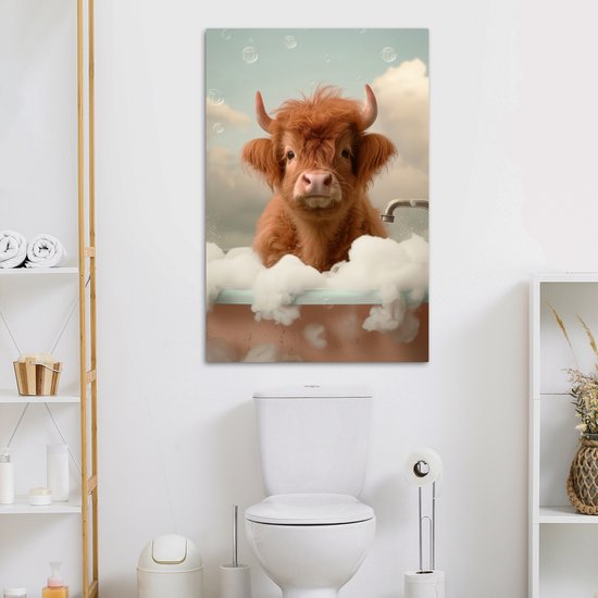 Tableau toile 80x120 cm - Décoration murale salle de bain Highlander écossais - Bain - Mousse - Vache - Décoration murale murale WC - Accessoires décoratifs - Décoration murale Toilettes - Peintures sur toile