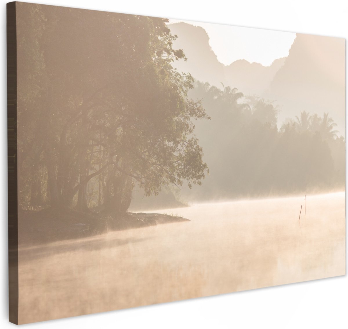 Canvas schilderij 60x40 cm - Wanddecoratie badkamer Landschap - Bos - Water - Mist - Beige