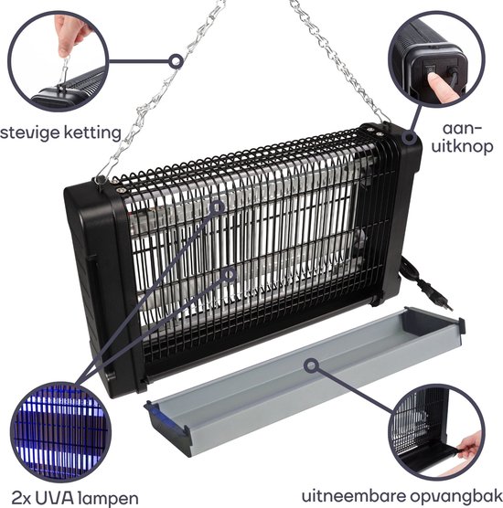 Perel Elektrische Insectenverdelger, Insectenlamp UV, UV Lamp Muggenlamp Vliegenval Anti Muggen Vliegen Wespen Spanningsrooster 3000 V 100 M2 Uitneembare Opvangbak Zwart 12544666