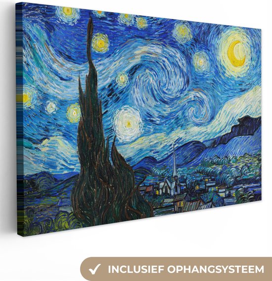 Schilderijen op canvas - Sterrennacht 60x40 - Kamer decoratie accessoires - Schilderij starry night woonkamer - Oude meesters wanddecoratie slaapkamer - Muurdecoratie keuken - Wanddoek Vincent van Gogh - Woondecoratie - Woonaccessoires