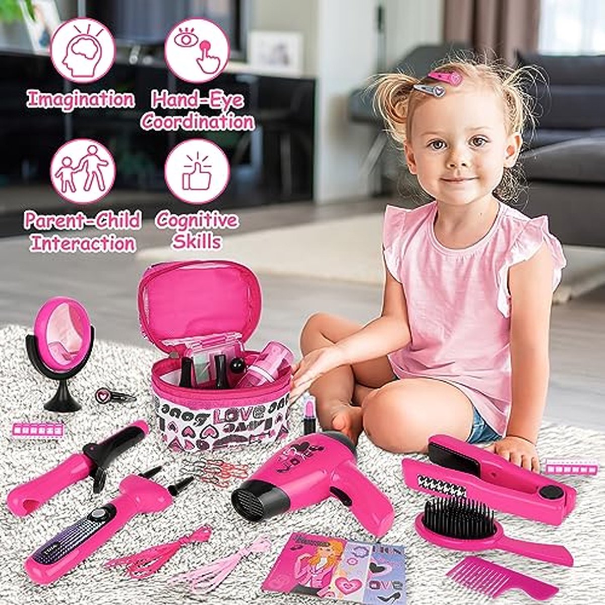 Set Coiffure Et Maquillage Enfant - Sèche-Cheveux Jouet Et Accessoires - Pour Filles 4 Ans Et Plus - Jeu Imaginatif