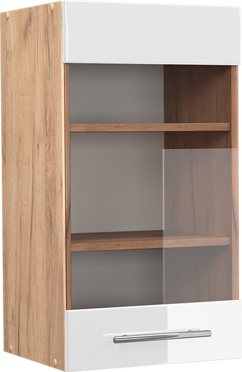 Vicco Fame-Line Glazen keukenkast – 40 cm Wit Hoogglans Wit Hoogglans/Goudkleurig Eiken