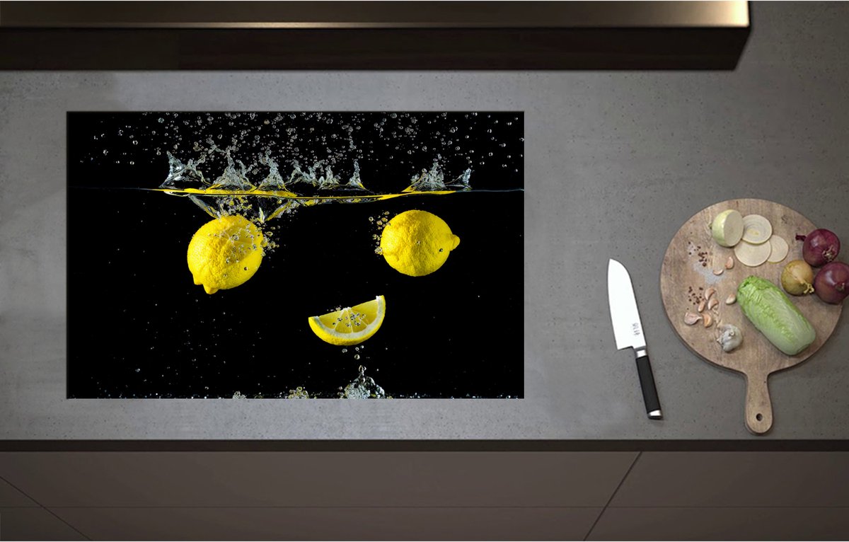 Inductieplaat Beschermer - Citroenen in Water - 80x51 cm - 2 mm Dik - Inductie Beschermer - Bescherming Inductiekookplaat - Kookplaat Beschermer van Wit Vinyl