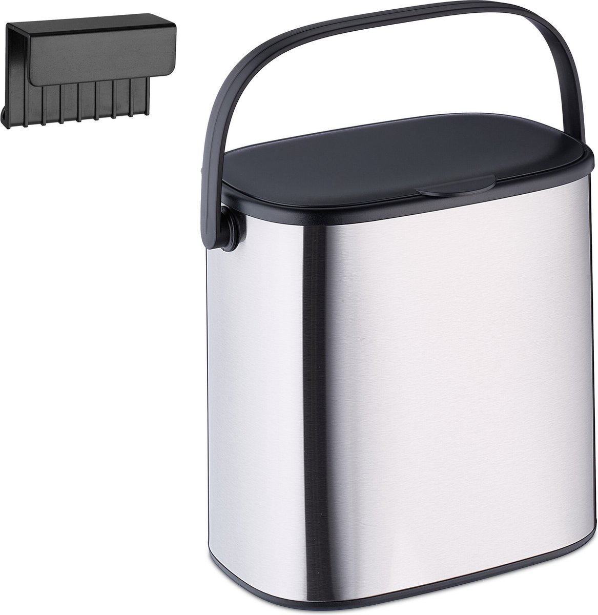 Goedkoopste prullenbak keukenkastje - 5 liter - hangend - badkamer - met deksel - zwart-zilver