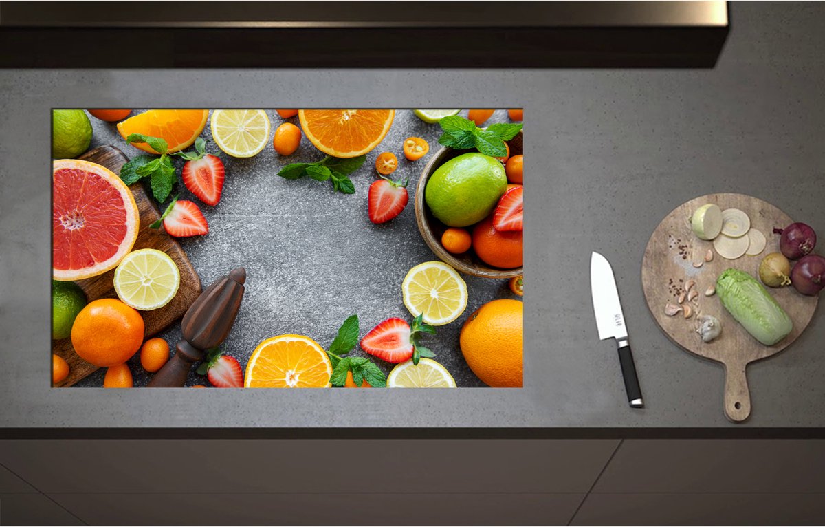 Inductieplaat Beschermer - Cirkel van Verschillende Fruitsoorten - 85x51 cm - 2 mm Dik - Inductie Beschermer - Bescherming Inductiekookplaat - Kookplaat Beschermer van Wit Vinyl