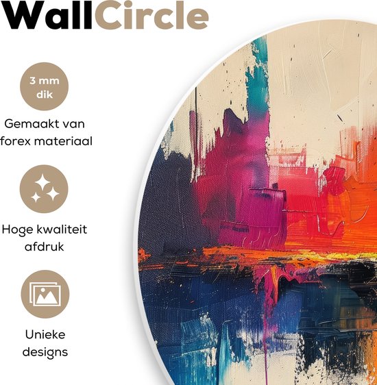 Detail van een muurcirkel met abstracte verfstreken in felle kleuren, met tekst '3mm dik', 'Gemaakt van forex materiaal', 'Hoge kwaliteit afdruk', 'Unieke designs'.