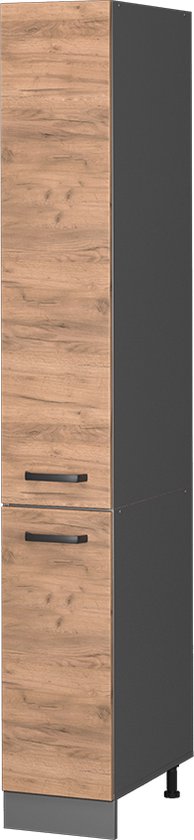 Hoge apotheekkast met goudkleurige eikenhouten fronten en antraciet frame.