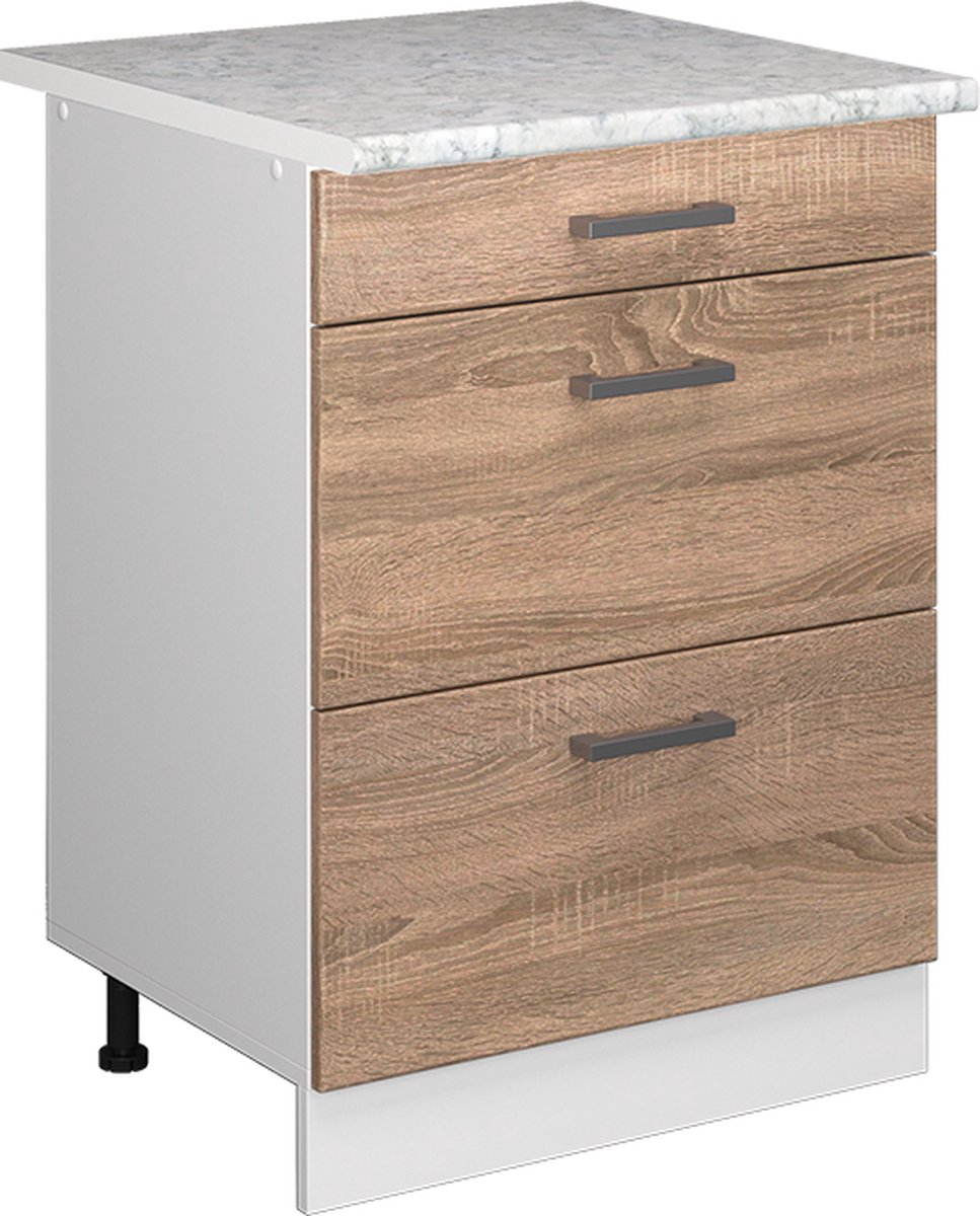 Vicco R-Line Keukenonderkast – 60 cm met laden, met marmeren werkblad Sonoma