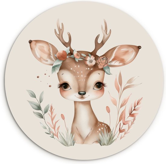 WallCircle® Wandcirkel 60x60 cm - Muurcirkel Hert - Bohemian - Bloemen - Bosdieren - Kinderkamer - Babykamer - Dieren - Muurdecoratie woonkamer - Wanddecoratie cirkel slaapkamer - Kamer decoratie accessoires - Ronde schilderijen binnen
