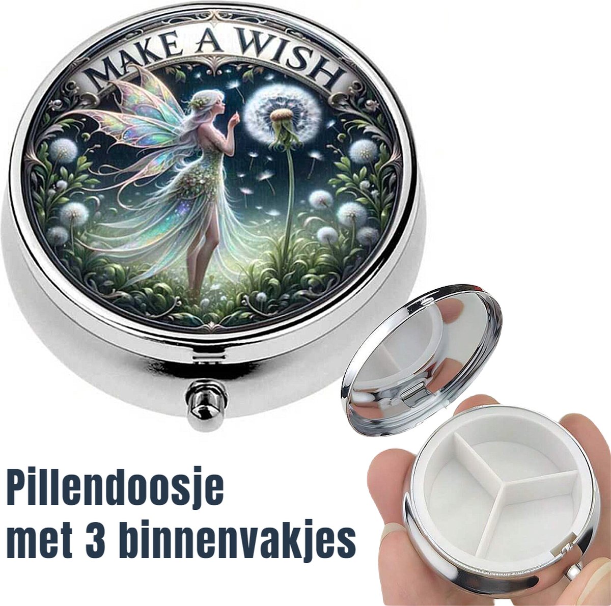 Goedkoopste Allernieuwste.nl® RVS Pillendoosje Make a Wish - Pillendoosje 3 Vakjes - Doosje voor pillen - Pillendoosje handtas - Pillendoosje Klein - Pillendoosje Roestvrij Staal - 4.5cm