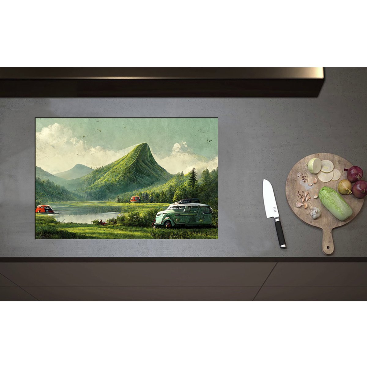 Inductieplaat Beschermer - Bus in Groen Landschap - 75x50 cm - 2 mm Dik - Inductie Beschermer - Bescherming Inductiekookplaat - Kookplaat Beschermer van Zwart Vinyl