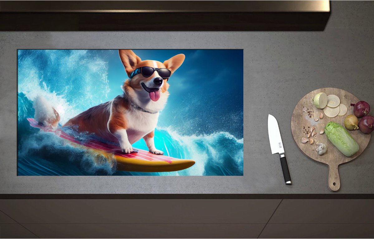 Inductieplaat Beschermer - Bruin met Witte Corgi Puppy Surfend over de Golven - 90x51 cm - 2 mm Dik - Inductie Beschermer - Bescherming Inductiekookplaat - Kookplaat Beschermer van Zwart Vinyl